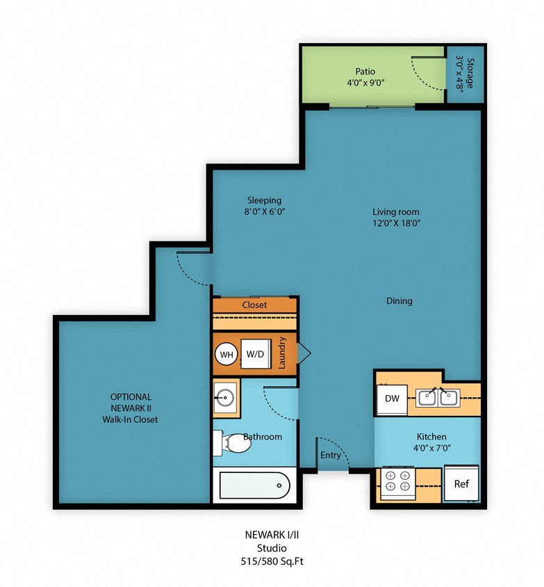Floor plan for studio, 1 bath, 580 sqft