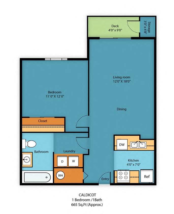 Floor plan for 1 bed, 1 bath, 665 sqft