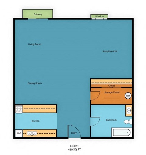 Floor plan for studio, 1 bath, 480 sqft