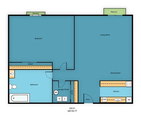 Floor plan for 1 bed, 1 bath, 680 sqft