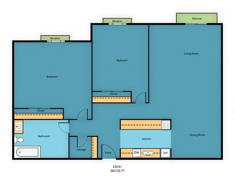 Floor plan for 2 beds, 1 bath, 980 sqft