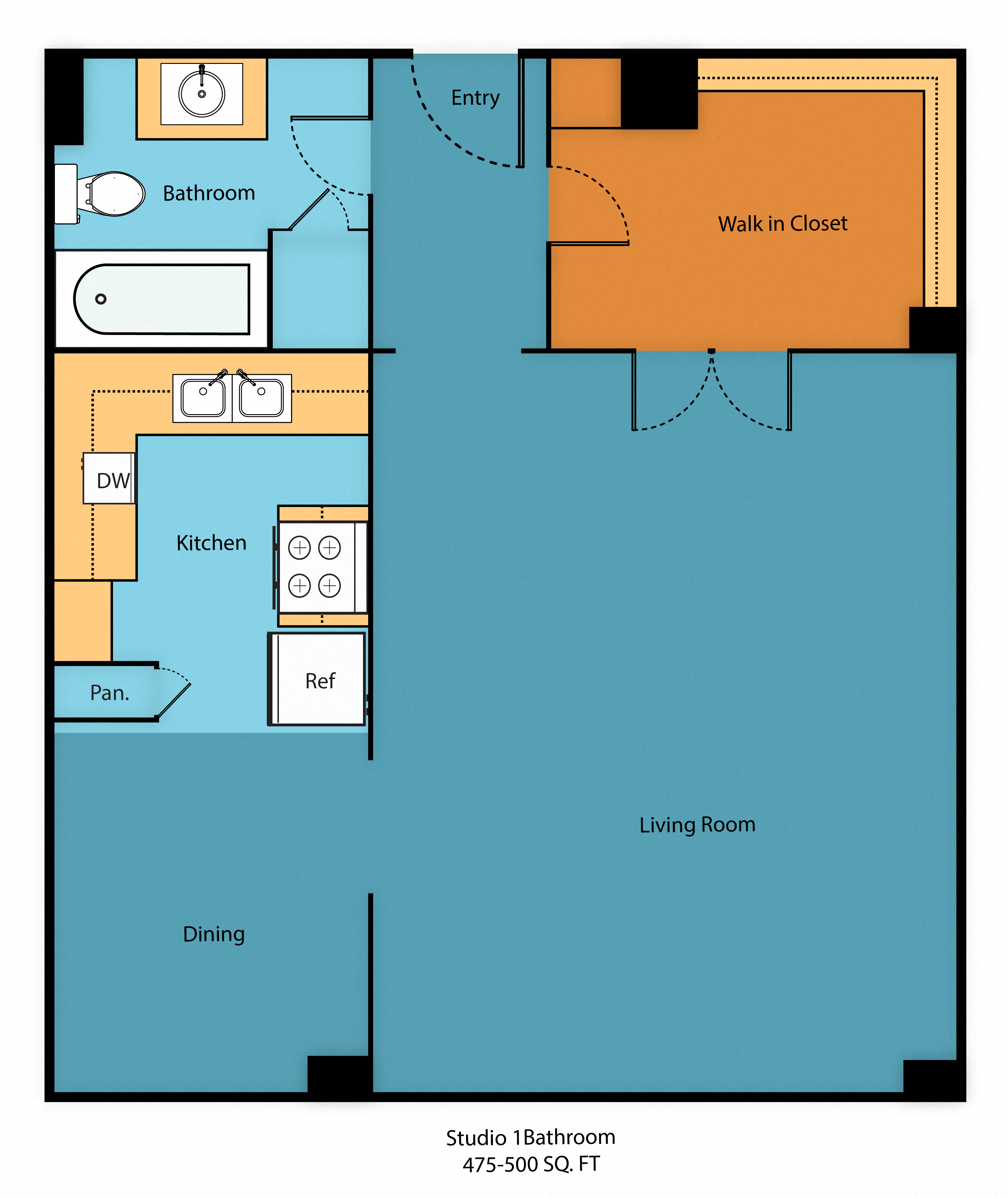 Floor plan for studio, 1 bath, 496 sqft