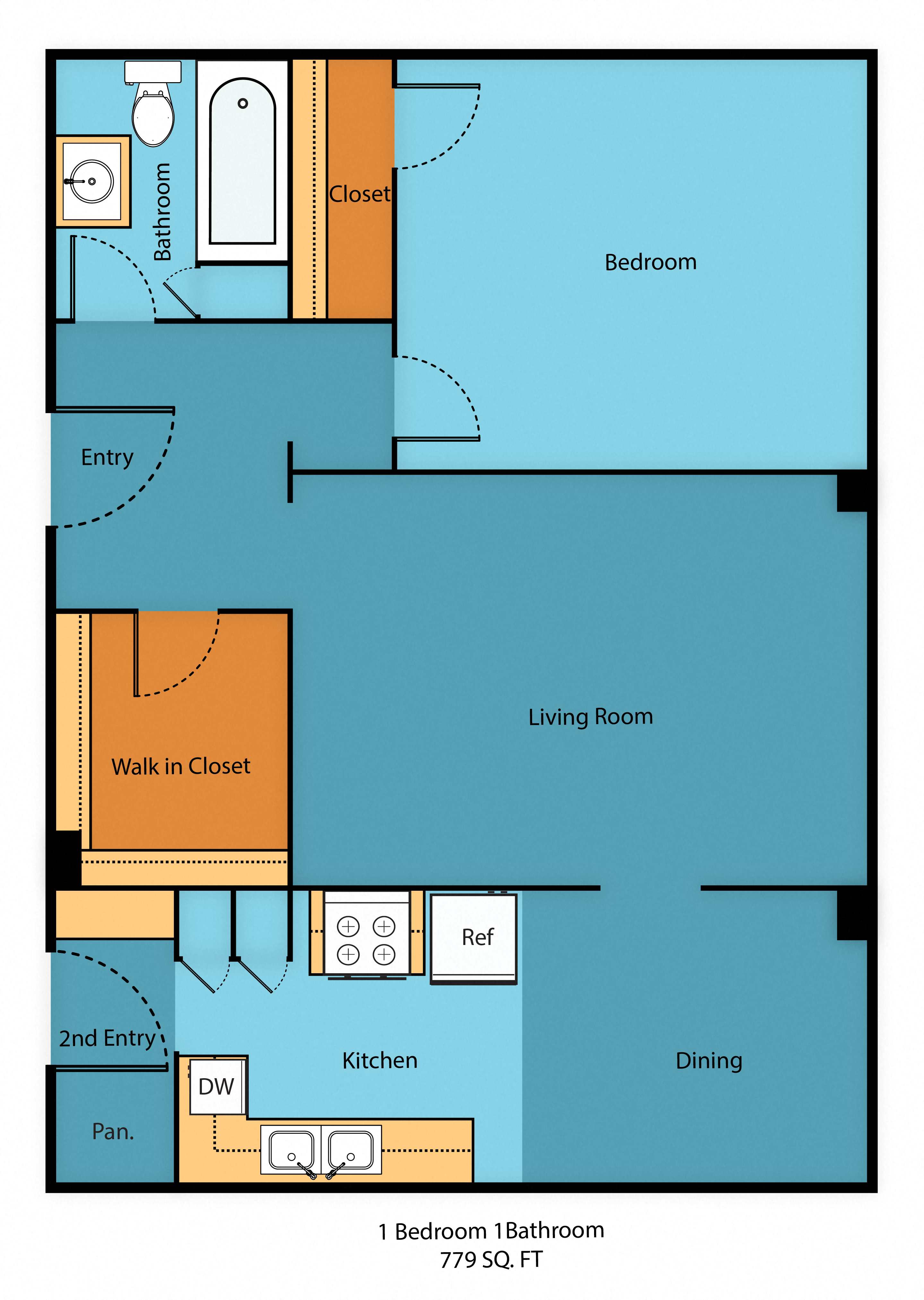 Floor plan for 1 bed, 1 bath, 776 sqft