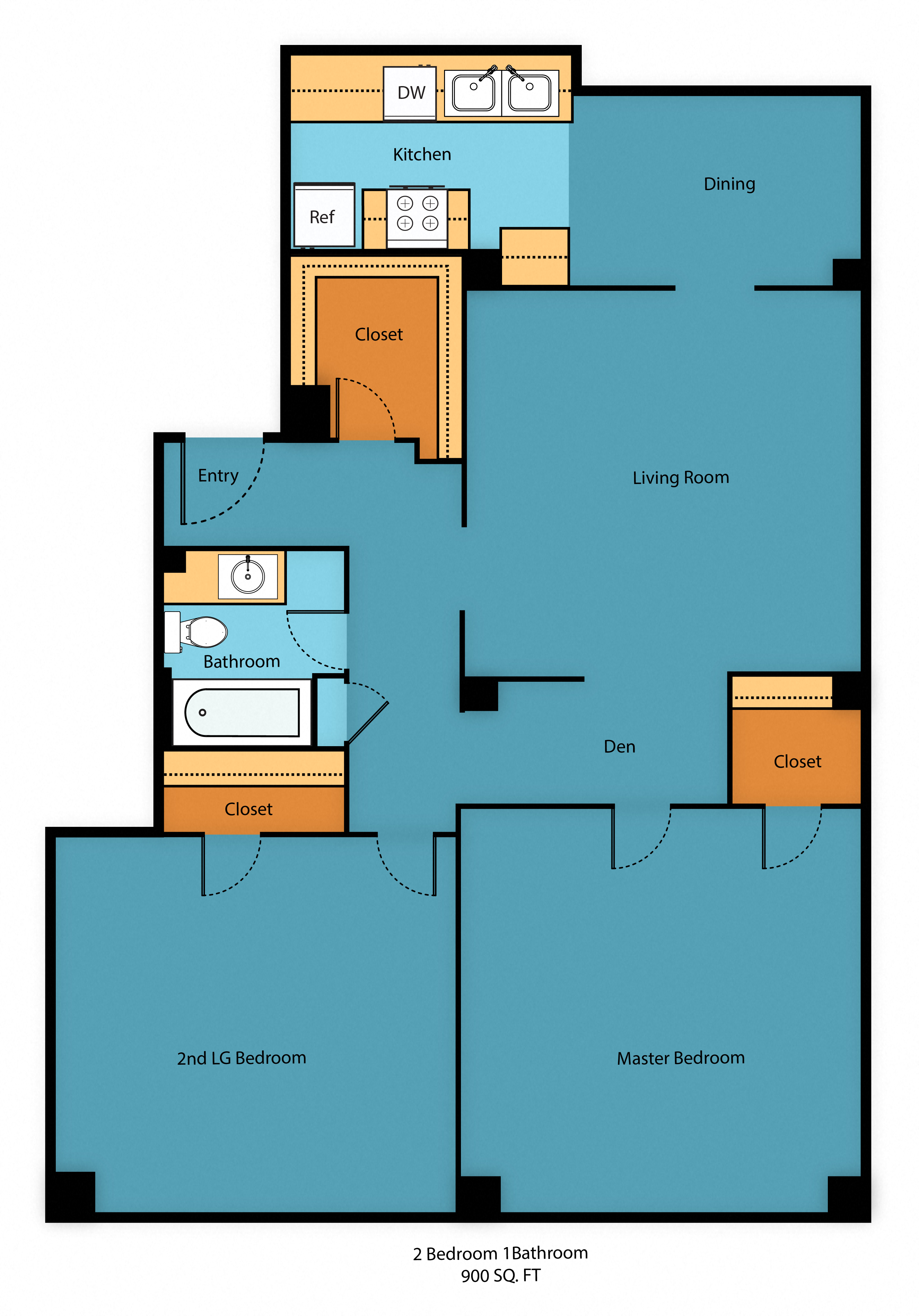 Floor plan for 2 beds, 1 bath, 925 sqft