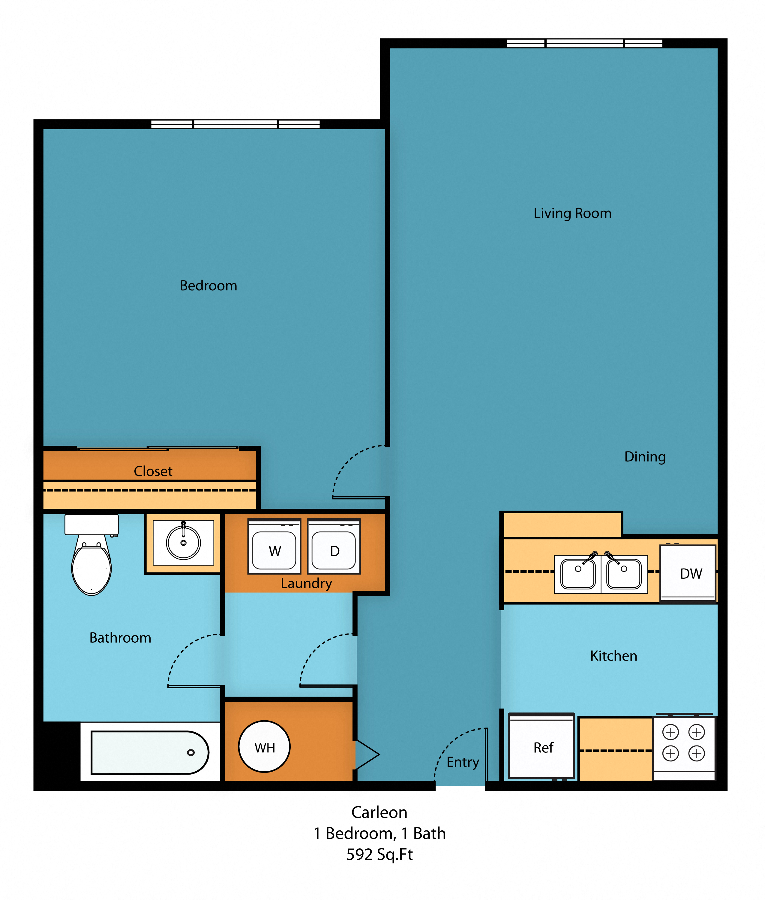 Floor plan for 1 bed, 1 bath, 592 sqft