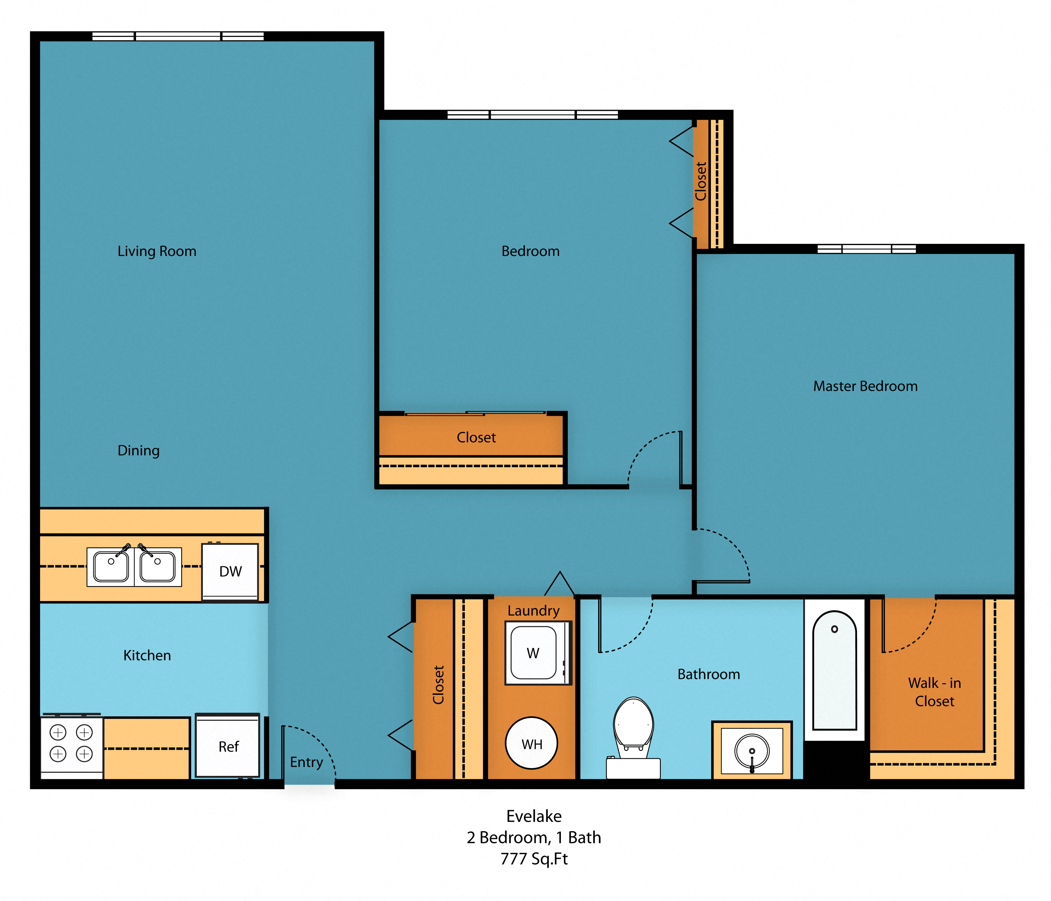 Floor plan for 2 beds, 1 bath, 777 sqft
