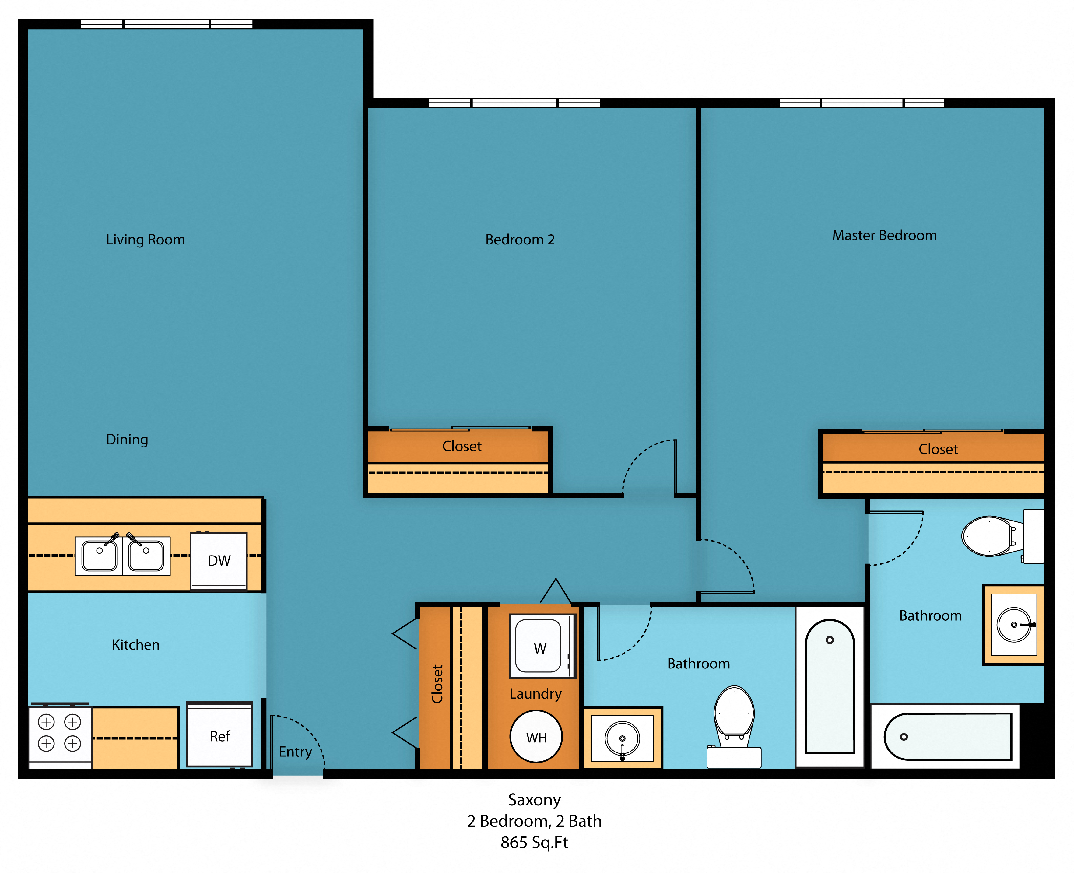 Floor plan for 2 beds, 2 baths, 865 sqft