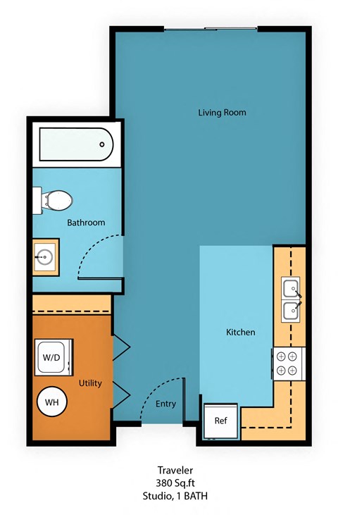 Floor plan for studio, 1 bath, 540 sqft