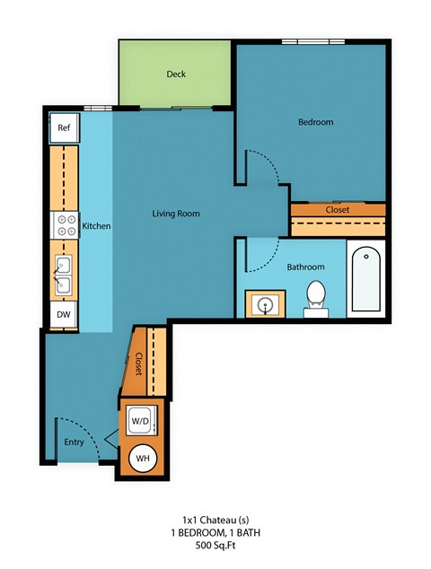 Floor plan for 1 bed, 1 bath, 659 sqft