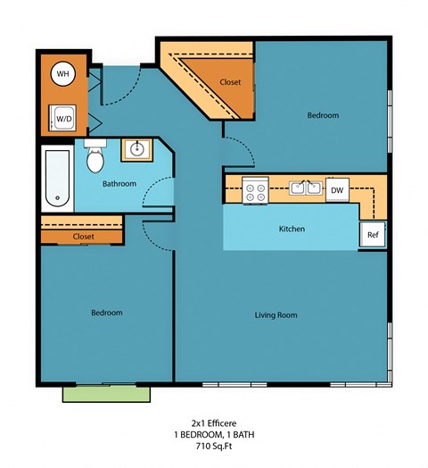 Floor plan for 2 beds, 1 bath, 710 sqft