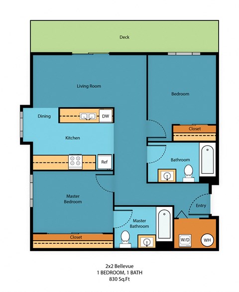 Floor plan for 2 beds, 2 baths, 875 sqft