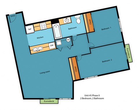 Floor plan for 2 beds, 1 bath, 931 sqft