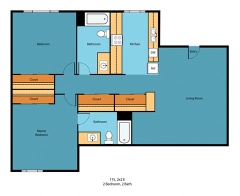 Floor plan for 2 beds, 2 baths, 931 sqft