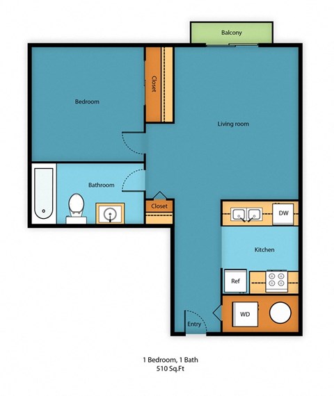 Floor plan for 1 bed, 1 bath, 645 sqft