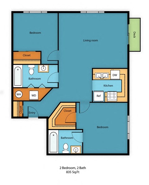 Floor plan for 2 beds, 2 baths, 850 sqft