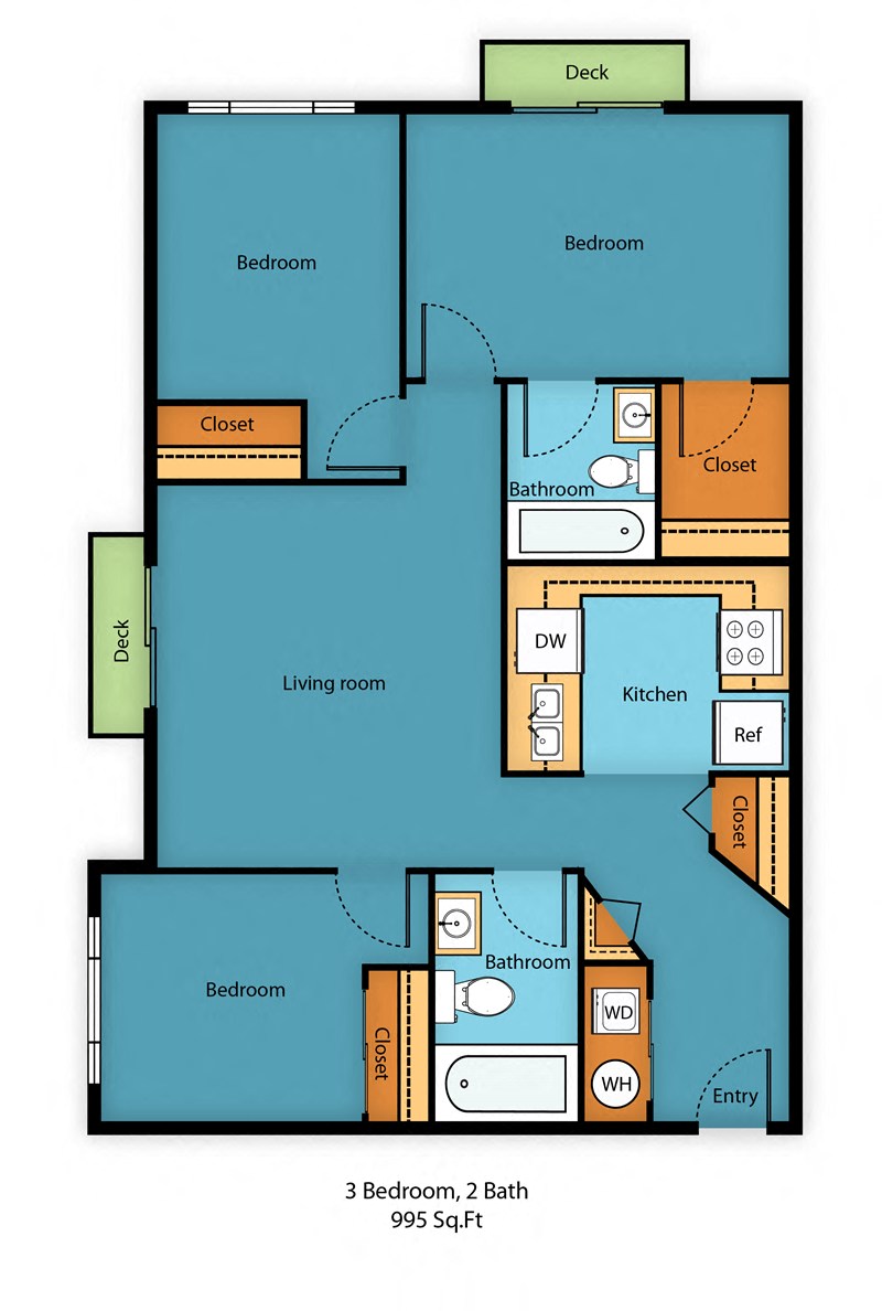 Floor plan for 3 beds, 2 baths, 995 sqft