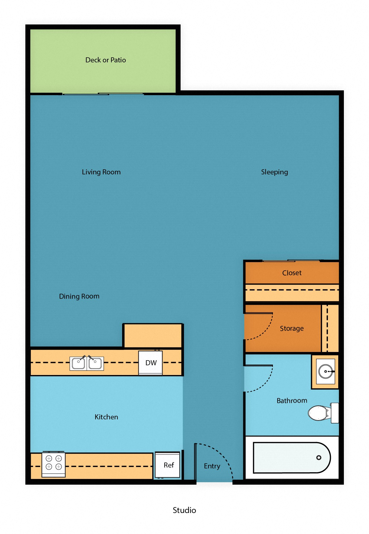 Floor plan for studio, 1 bath, 480 sqft