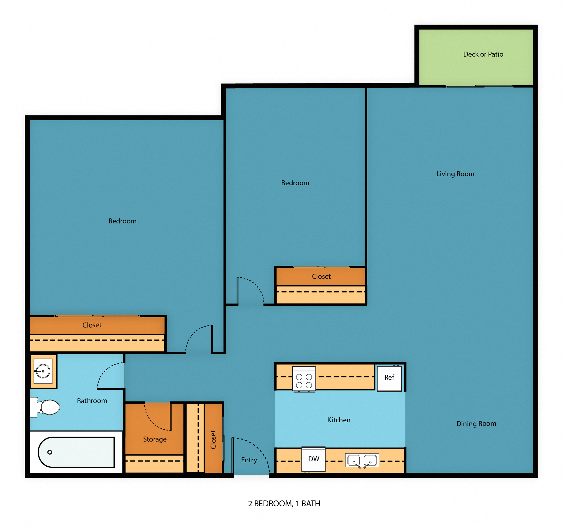 Floor plan for 2 beds, 1 bath, 980 sqft