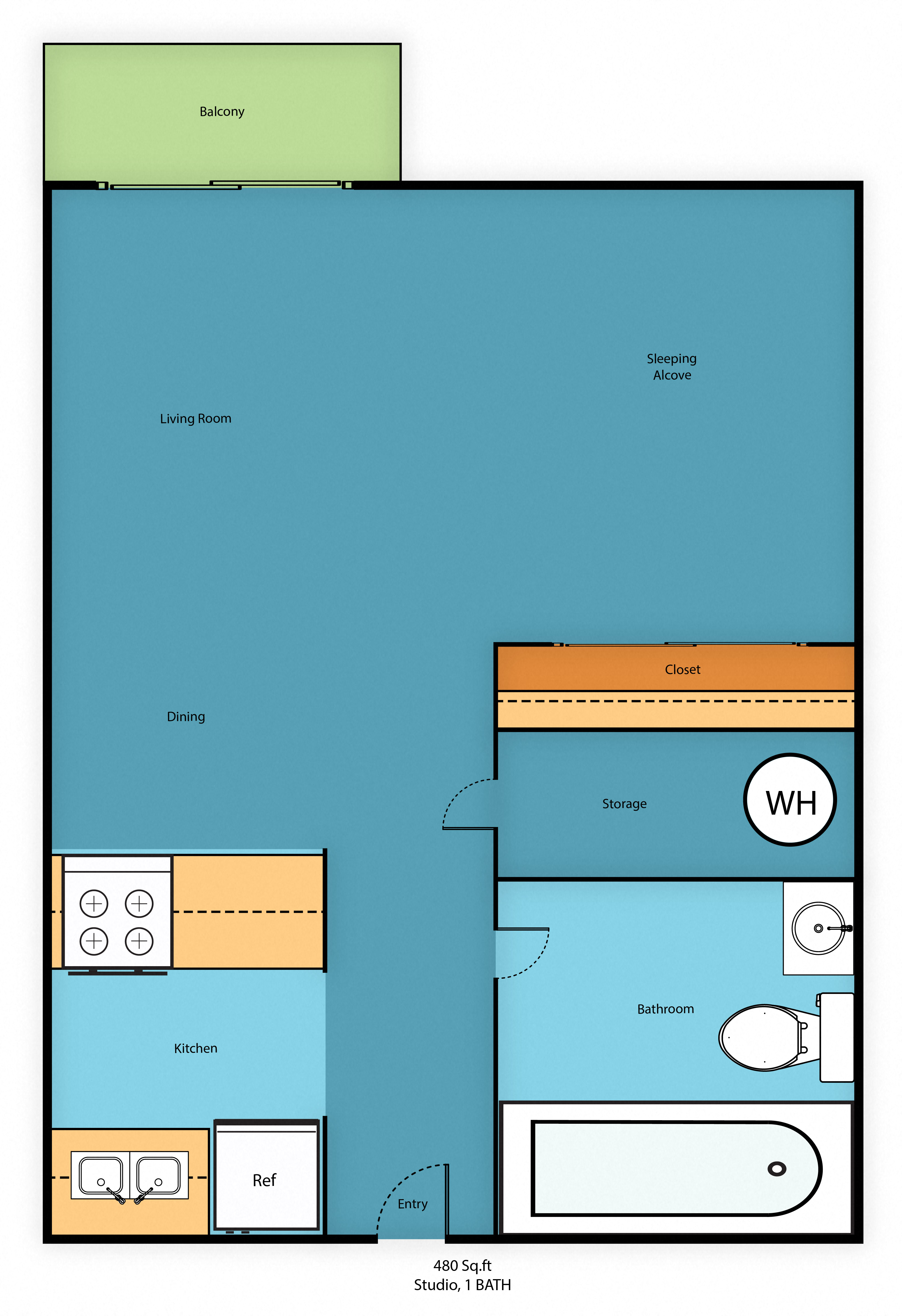 Floor plan for studio, 1 bath, 460 sqft