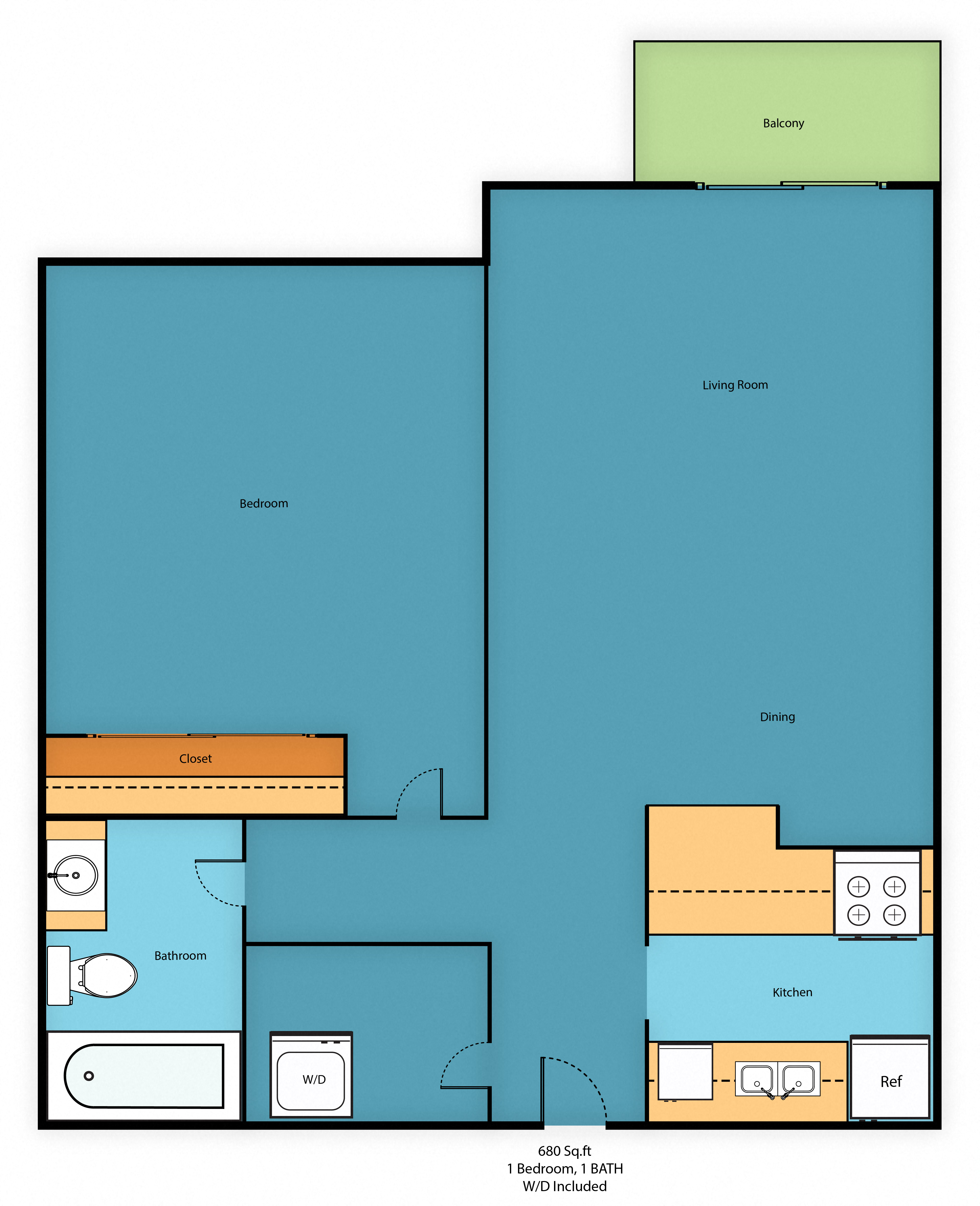 Floor plan for 1 bed, 1 bath, 680 sqft