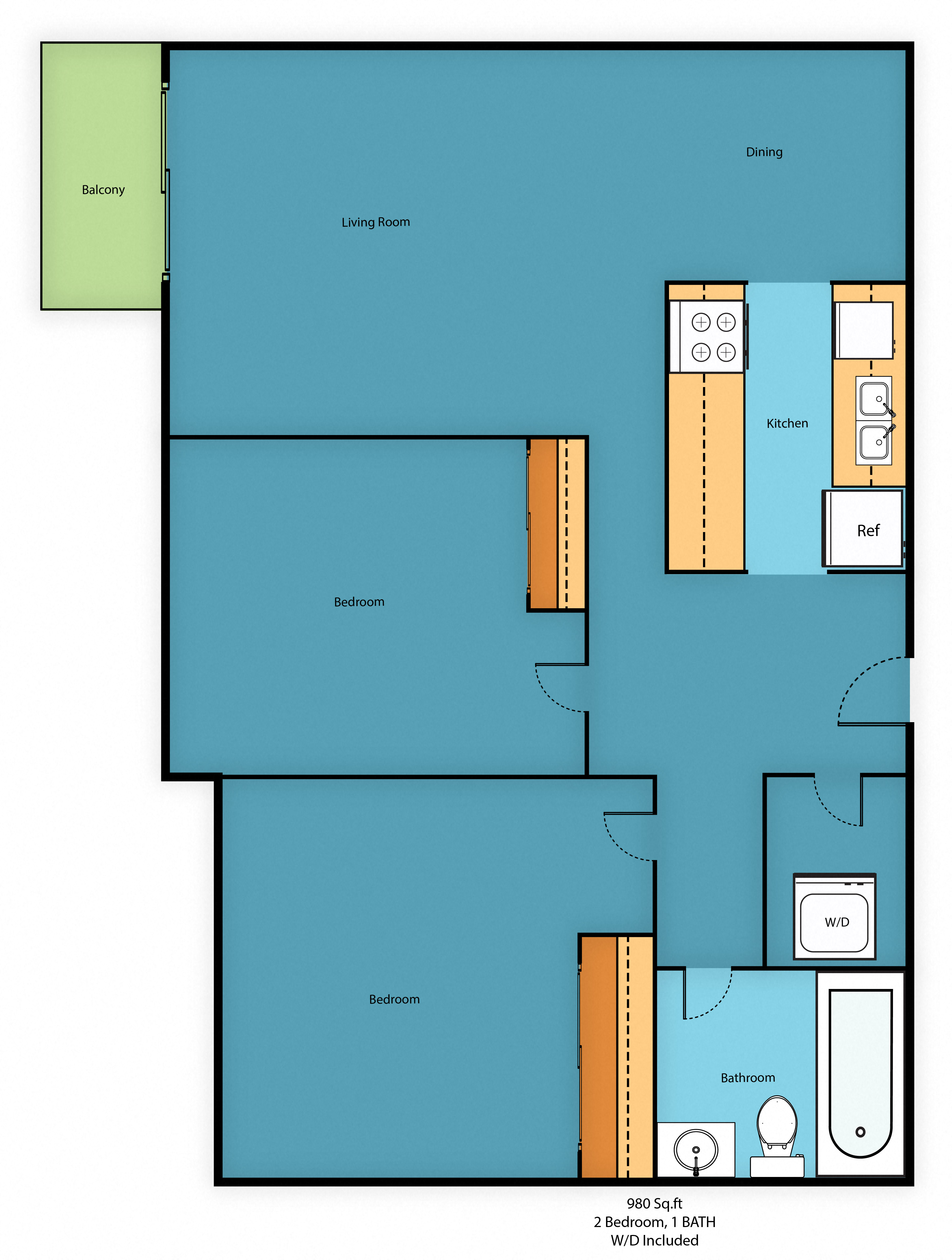 Floor plan for 2 beds, 1 bath, 980 sqft