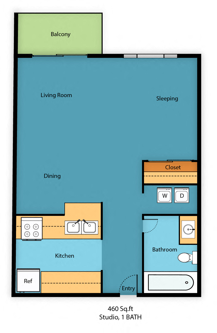 Floor plan for studio, 1 bath, 512 sqft