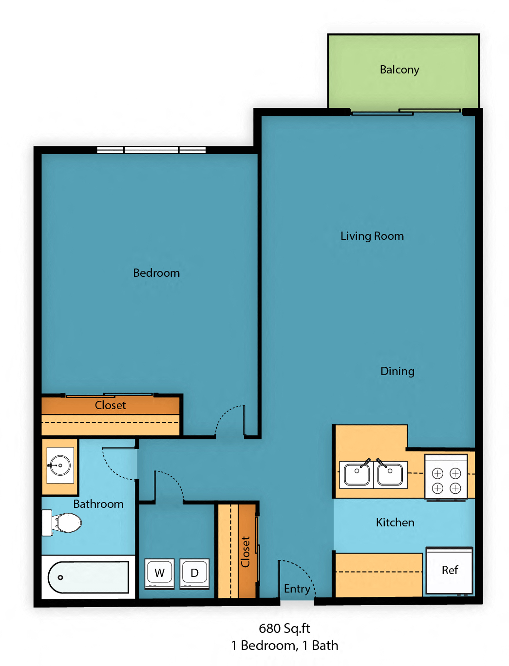 Floor plan for 1 bed, 1 bath, 680 sqft