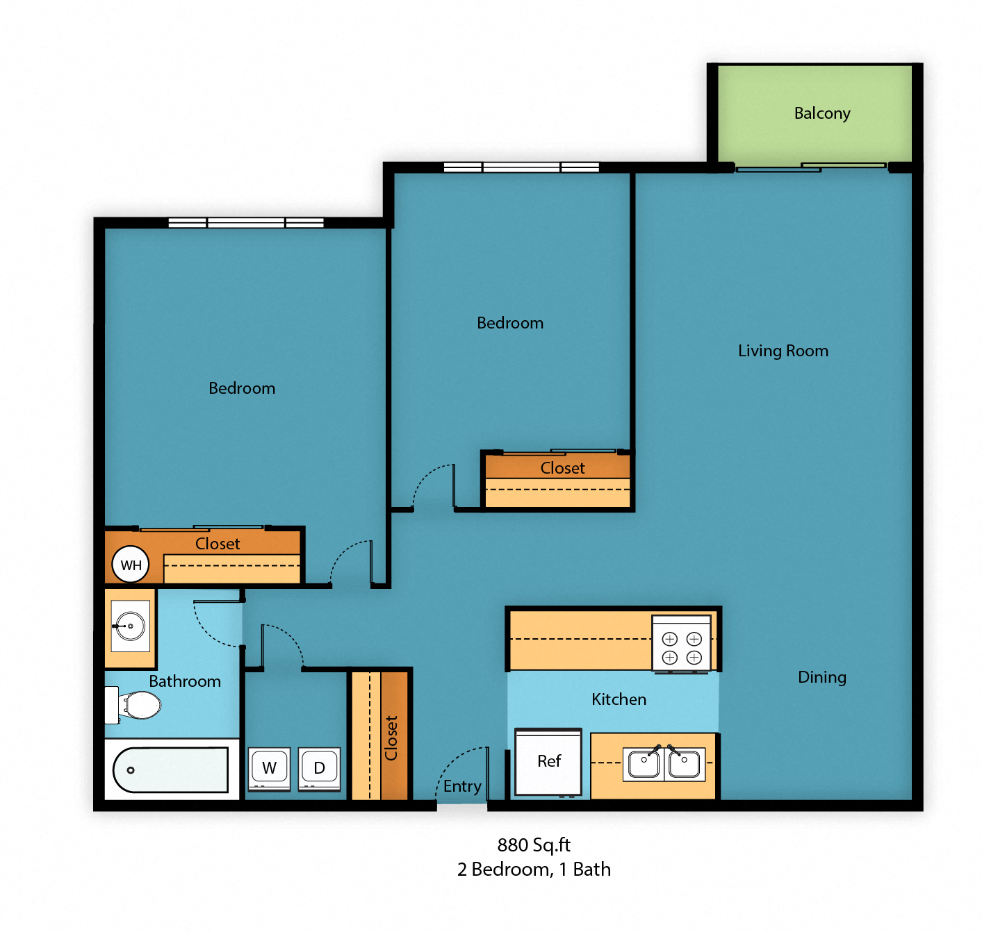 Floor plan for 2 beds, 1 bath, 880 sqft