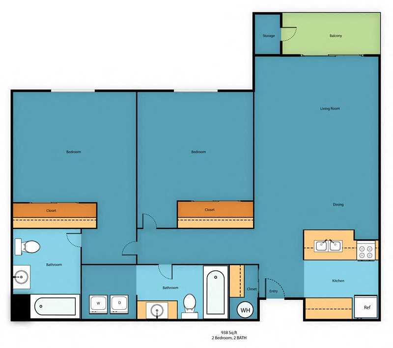 Floor plan for 2 beds, 2 baths, 938 sqft
