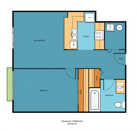 Floor plan for 1 bed, 1 bath, 725 sqft