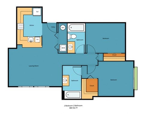 Floor plan for 2 beds, 2 baths, 919 sqft