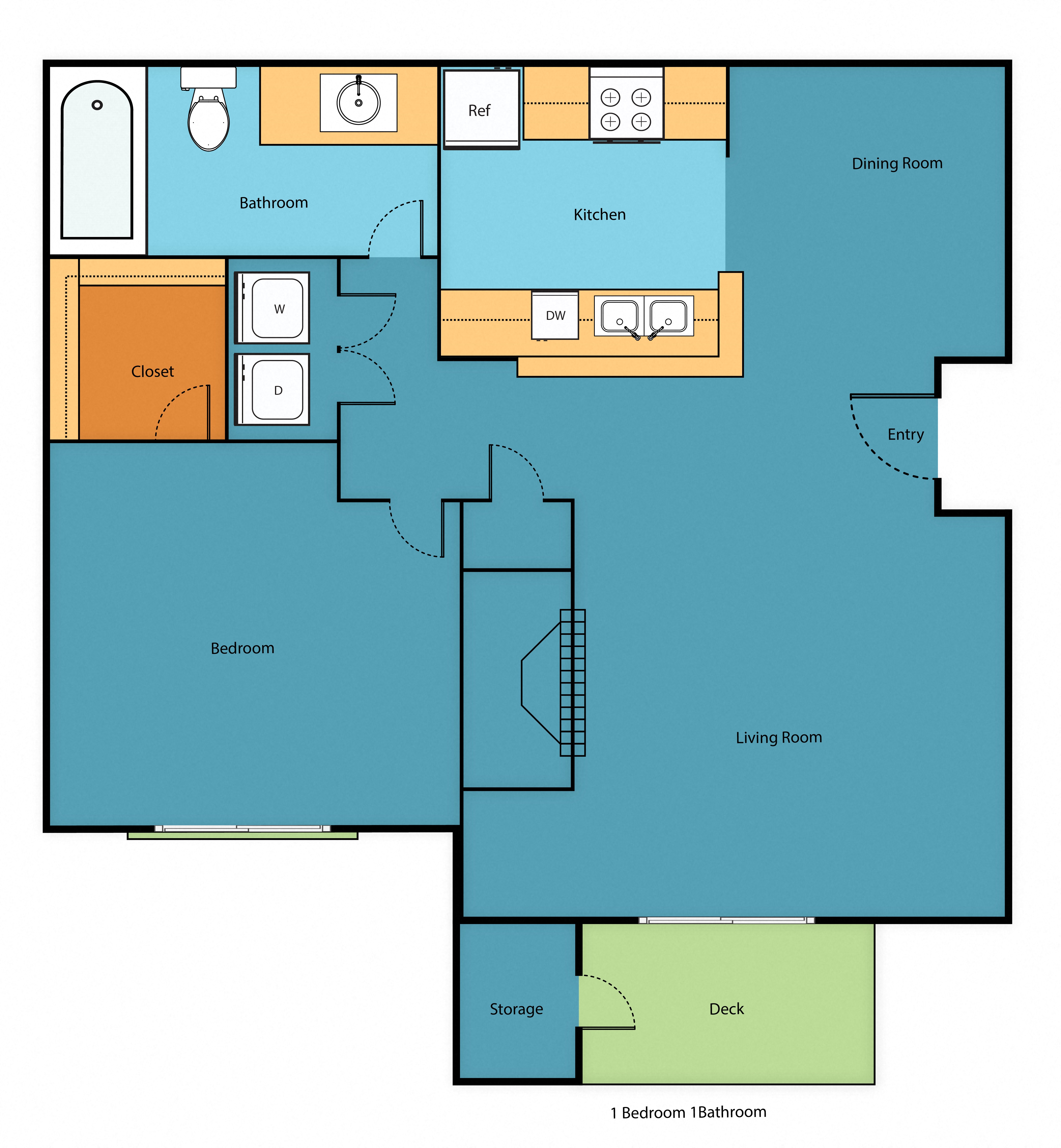 Floor plan for 1 bed, 1 bath, 750 sqft