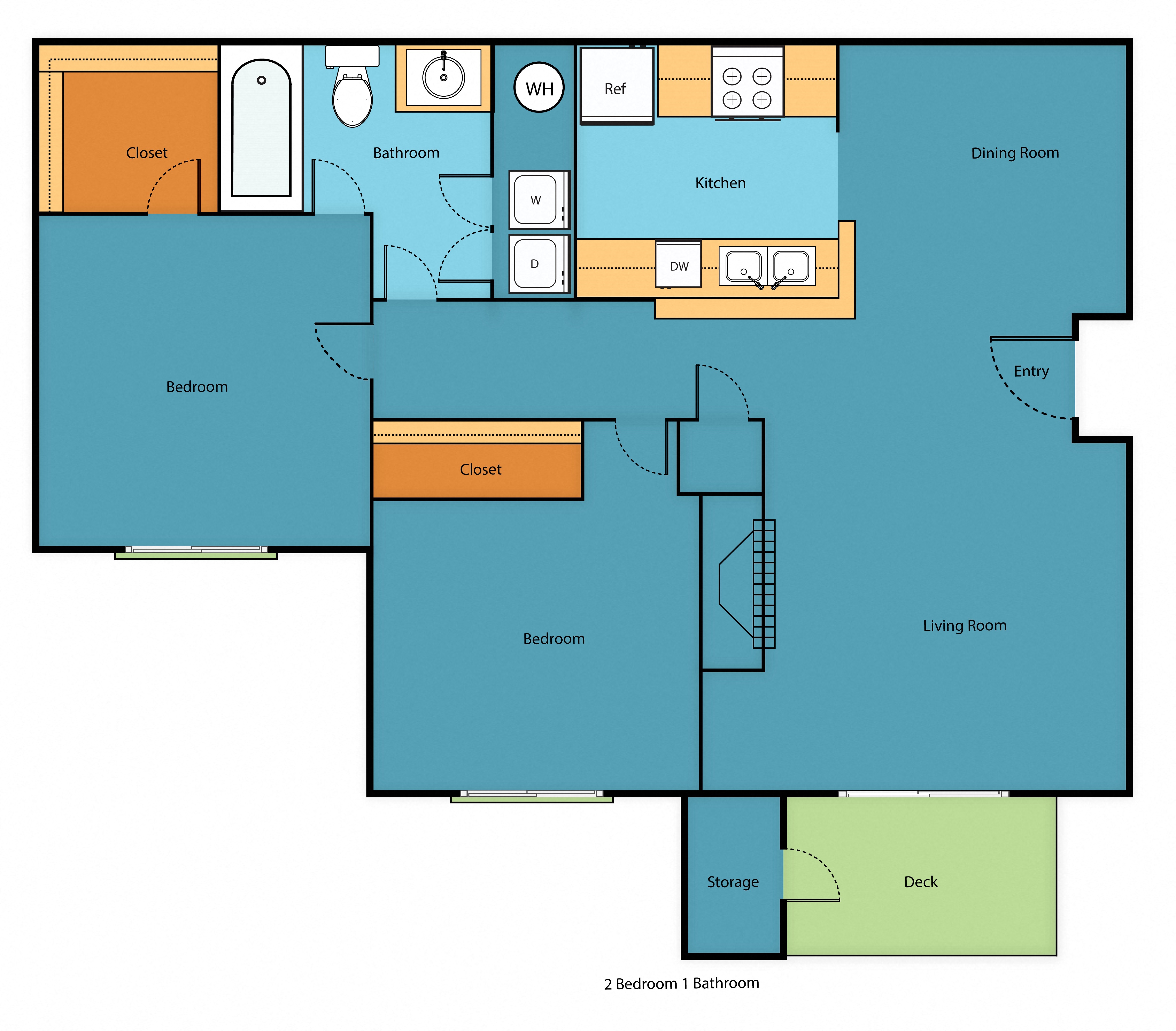 Floor plan for 2 beds, 1 bath, 839 sqft