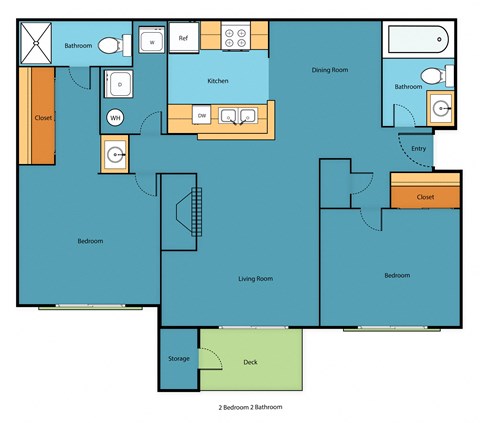 Floor plan for 2 beds, 2 baths, 934 sqft