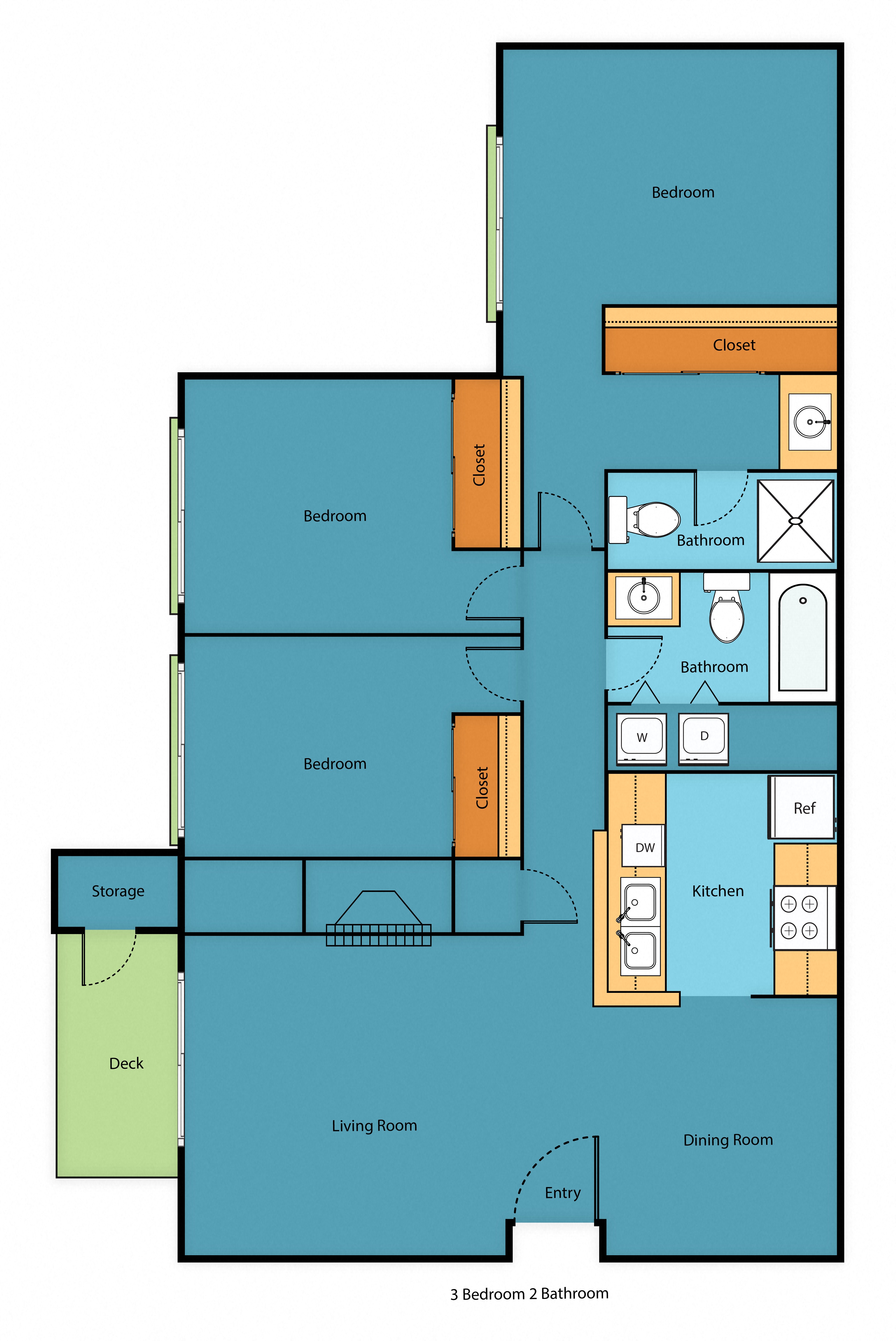Floor plan for 3 beds, 2 baths, 1082 sqft