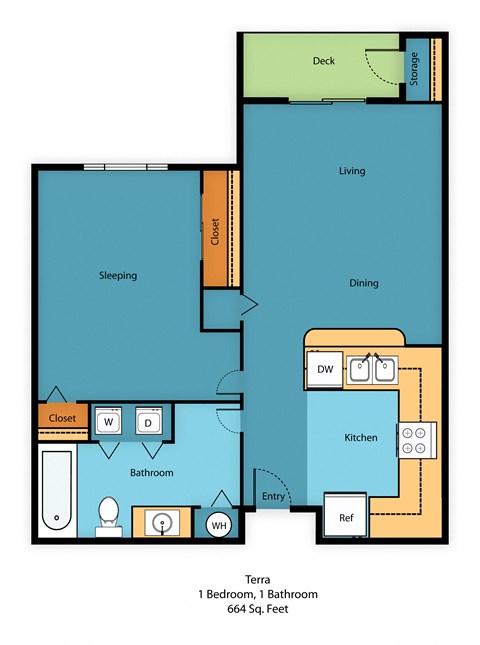 Floor plan for 1 bed, 1 bath, 711 sqft