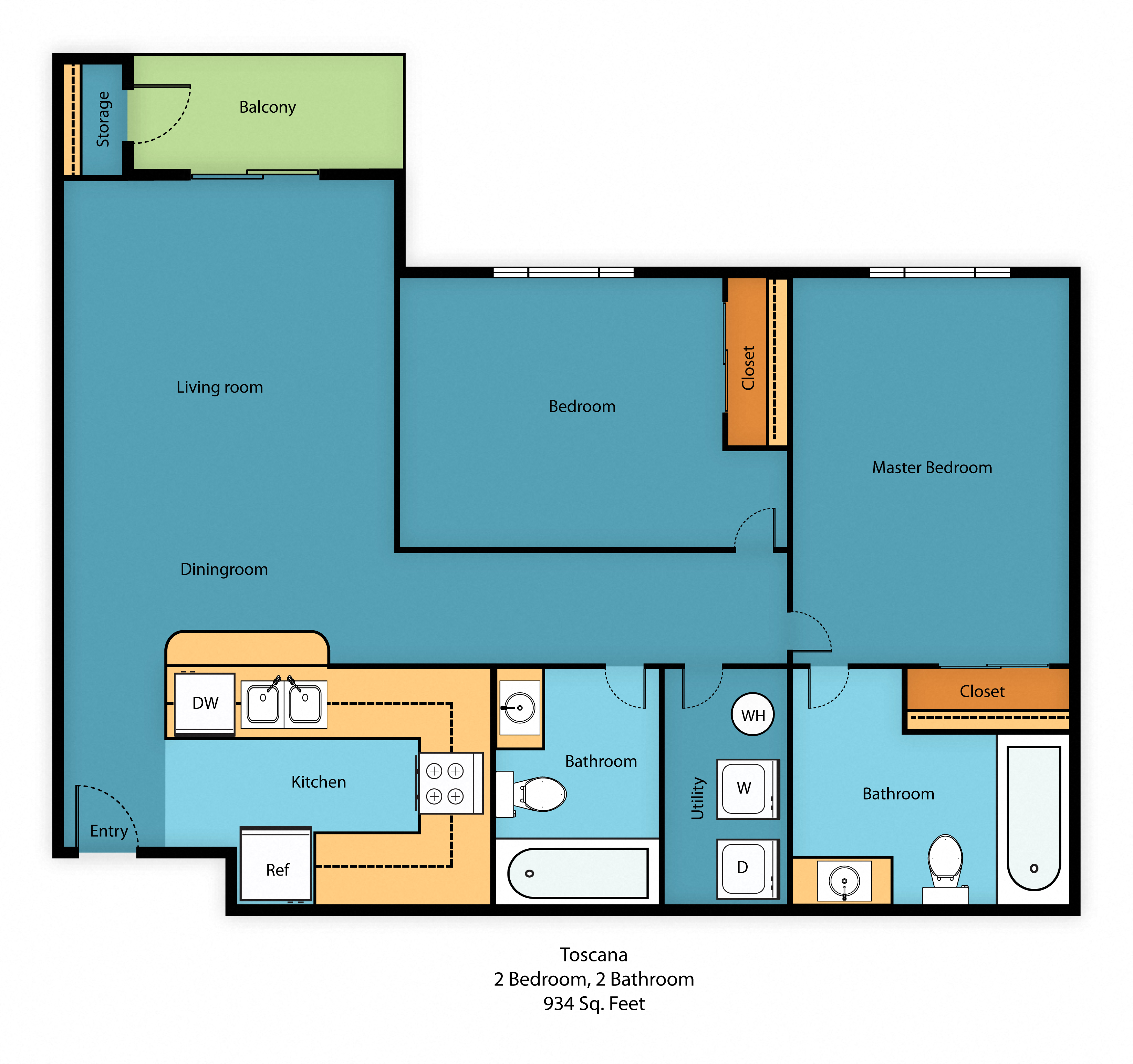 Floor plan for 2 beds, 2 baths, 934 sqft