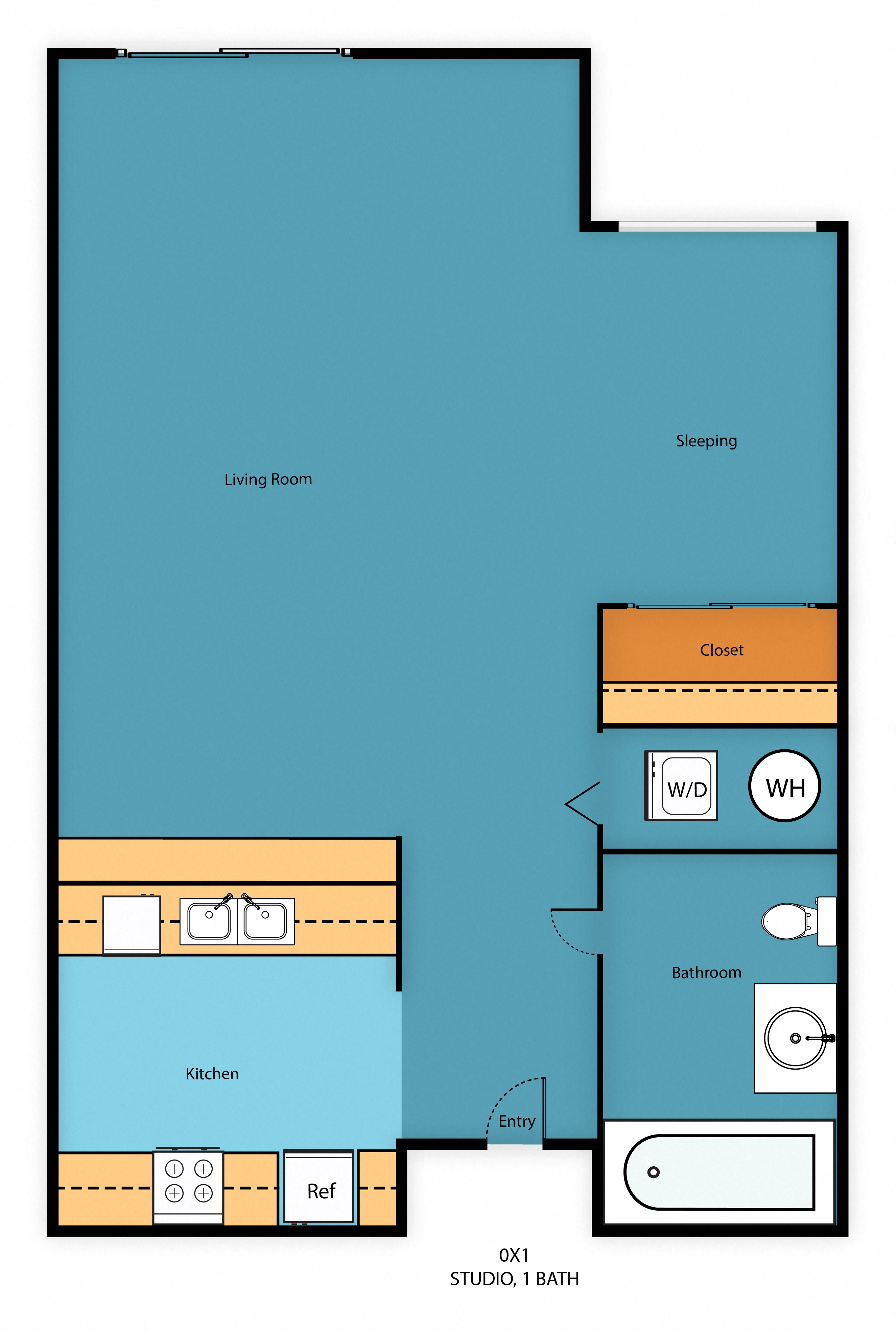 Floor plan for studio, 1 bath, 456 sqft