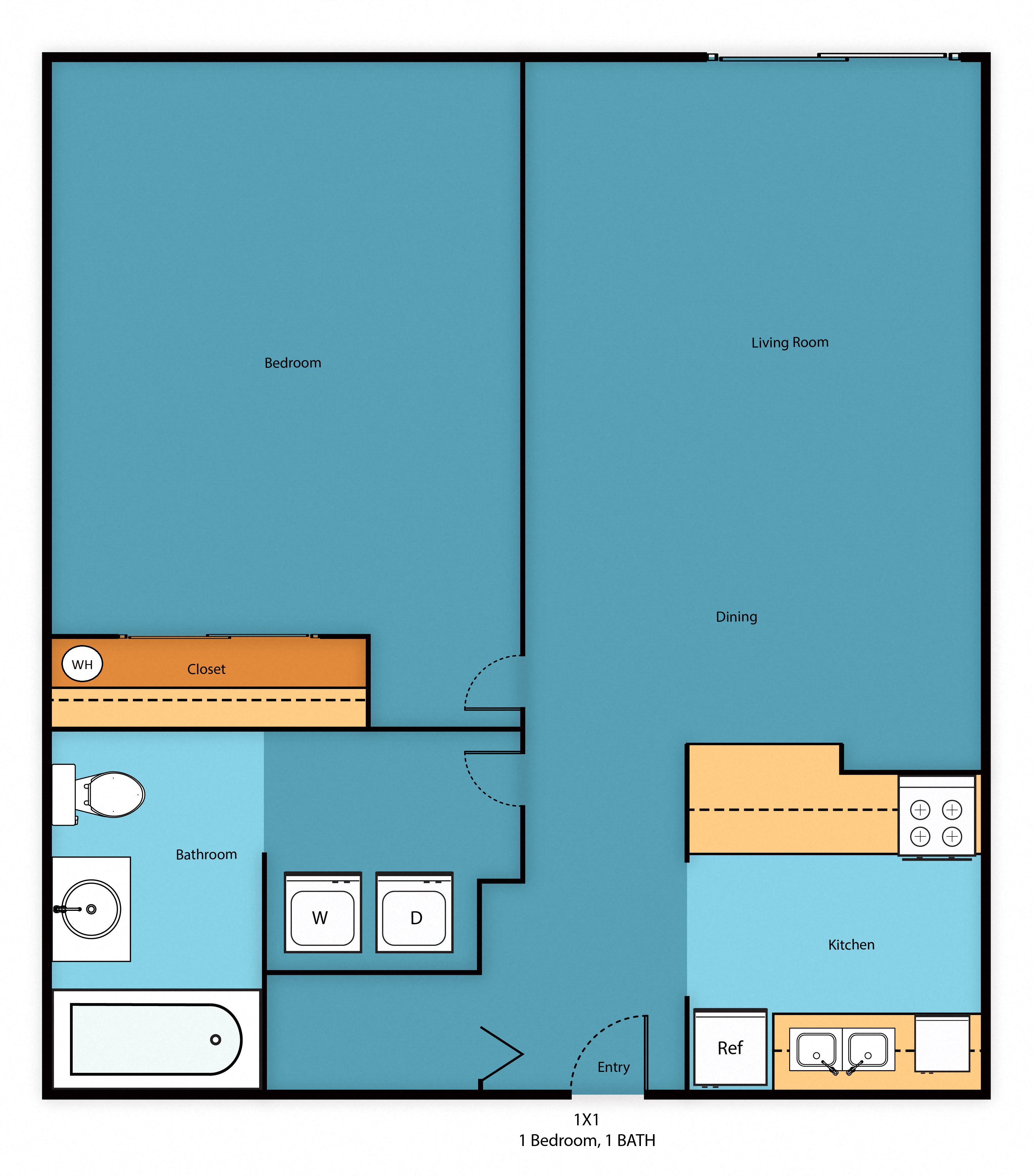 Floor plan for 1 bed, 1 bath, 661 sqft