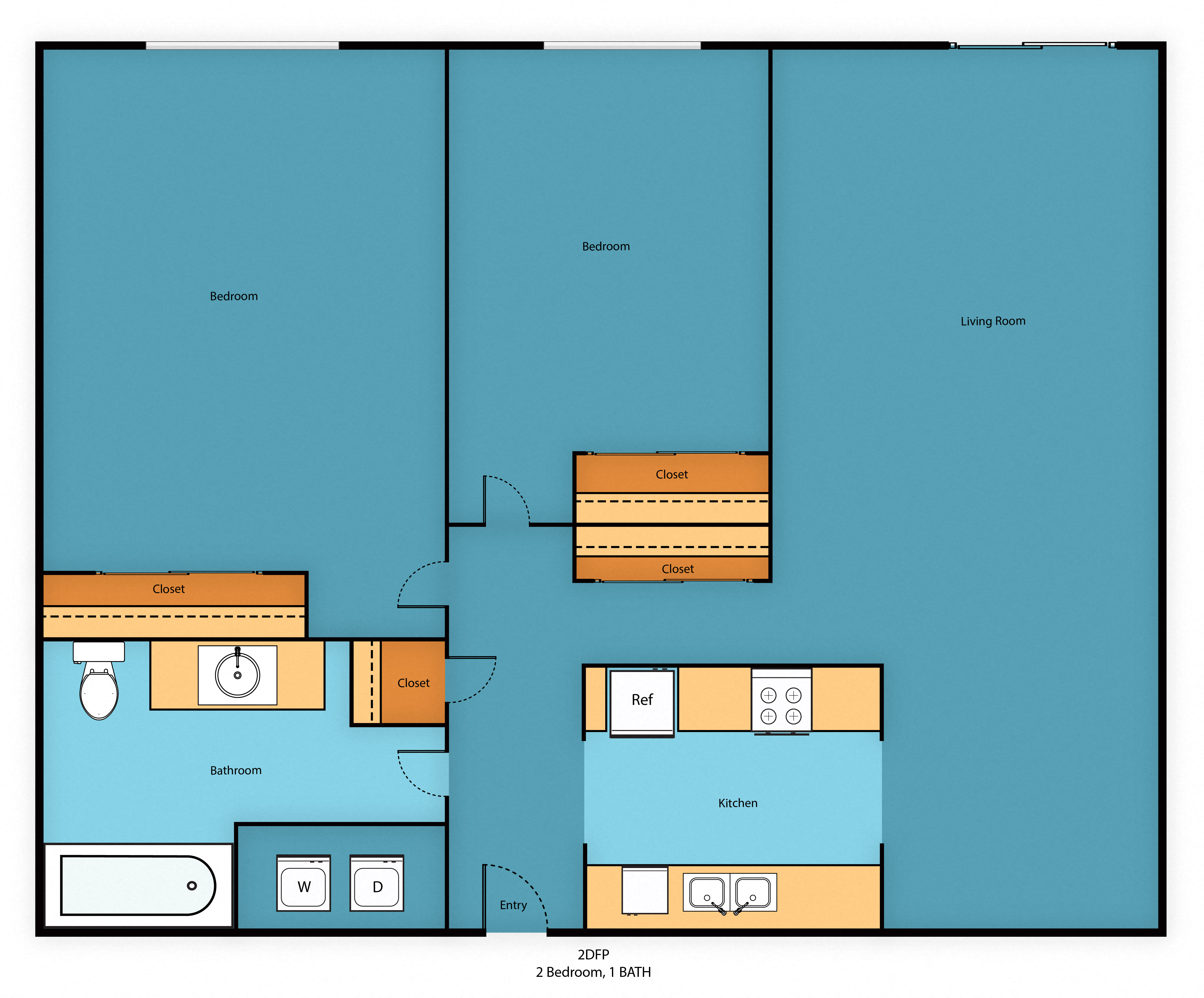 Floor plan for 2 beds, 1 bath, 860 sqft