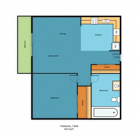 Floor plan for 1 bed, 1 bath, 750 sqft