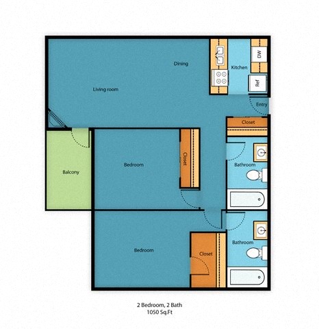 Floor plan for 2 beds, 2 baths, 1050 sqft