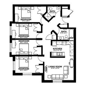 Floor plan for 4 beds, 2 baths, 1397 sqft