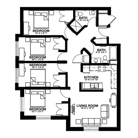 Floor plan for 4 beds, 2 baths, 1397 sqft