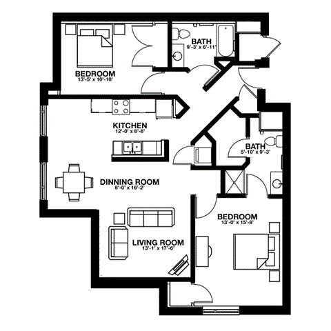 Floor plan for 2 beds, 2 baths, 1336 sqft