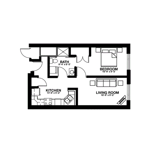 Floor plan for 1 bed, 1 bath, 690 sqft