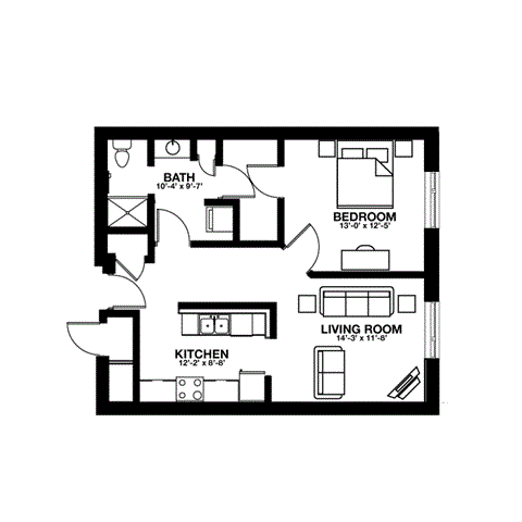 Floor plan for 1 bed, 1 bath, 750 sqft