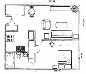 Floor plan for 1 bed, 1 bath, 575 sqft