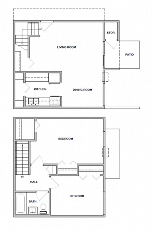 Floor plan for 2 beds, 1 bath, 929 sqft