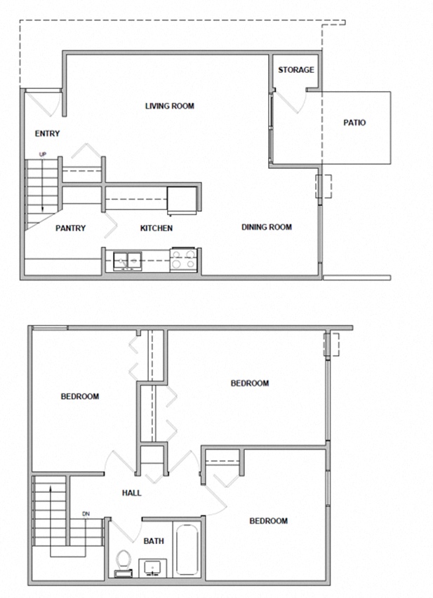 Floor plan for 3 beds, 1 bath, 999 sqft